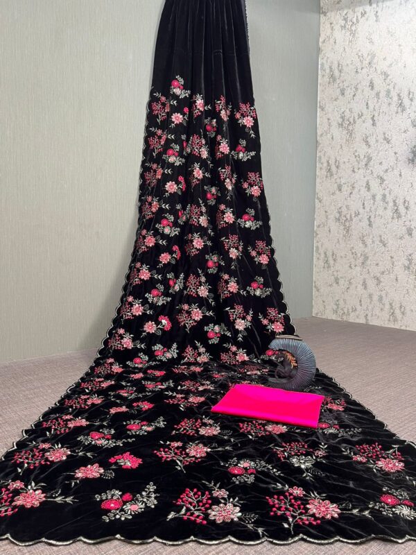 Caliph Fashion Presenting NEW DESIGNER PARTY WEAR BLACK 9000 VELVET SAREE - Image 6
